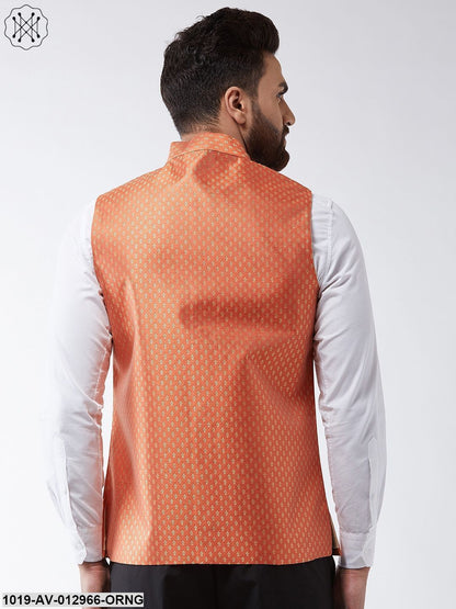 Men's Silk Blend Orange & Gold Self Design Nehru Jacket