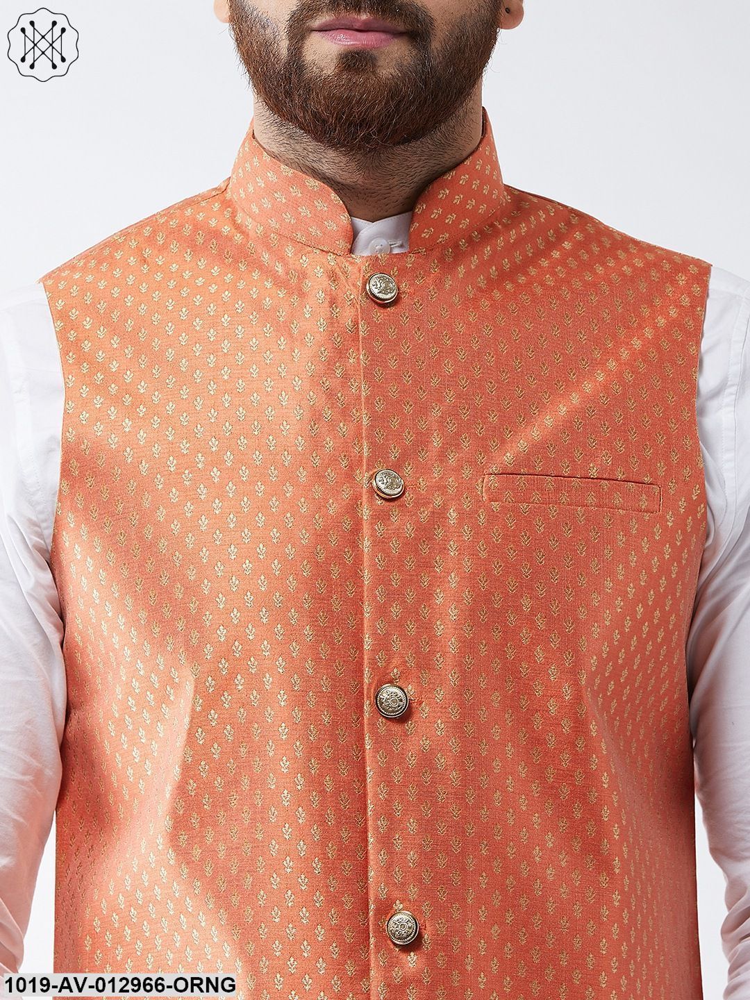 Men's Silk Blend Orange & Gold Self Design Nehru Jacket