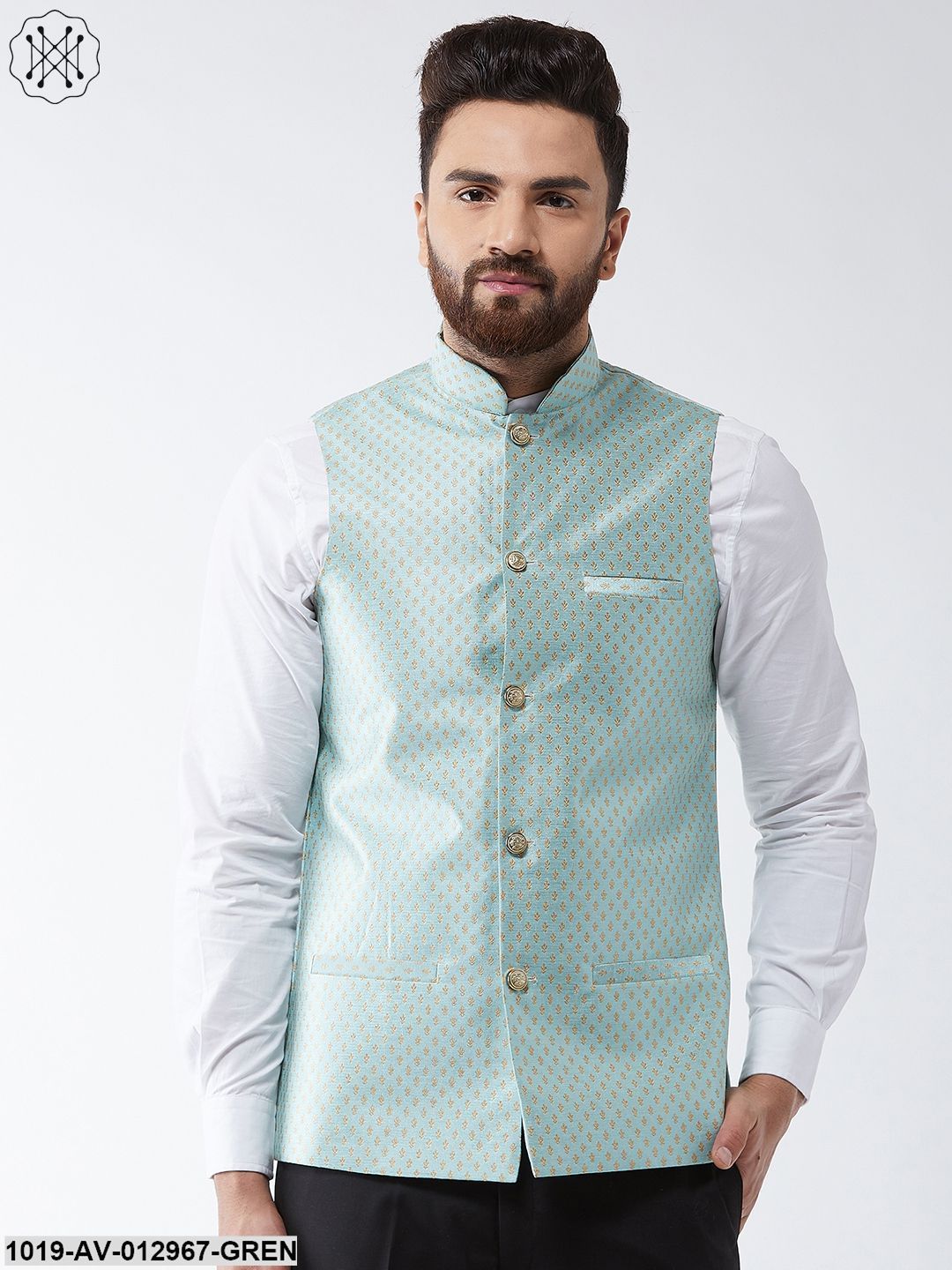 Men's Silk Blend Sea Green & Gold Self Design Nehru Jacket