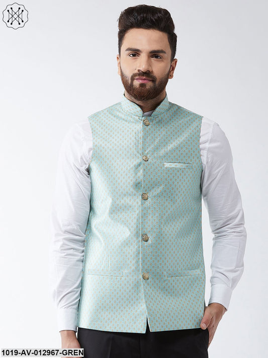 Men's Silk Blend Sea Green & Gold Self Design Nehru Jacket