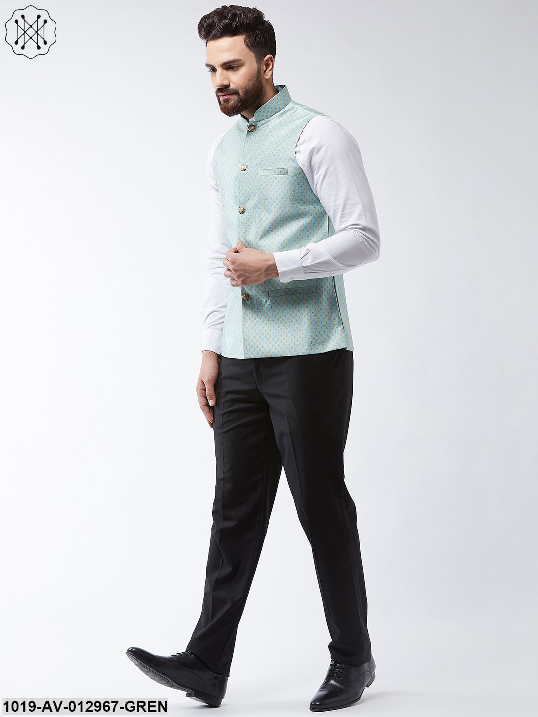 Men's Silk Blend Sea Green & Gold Self Design Nehru Jacket