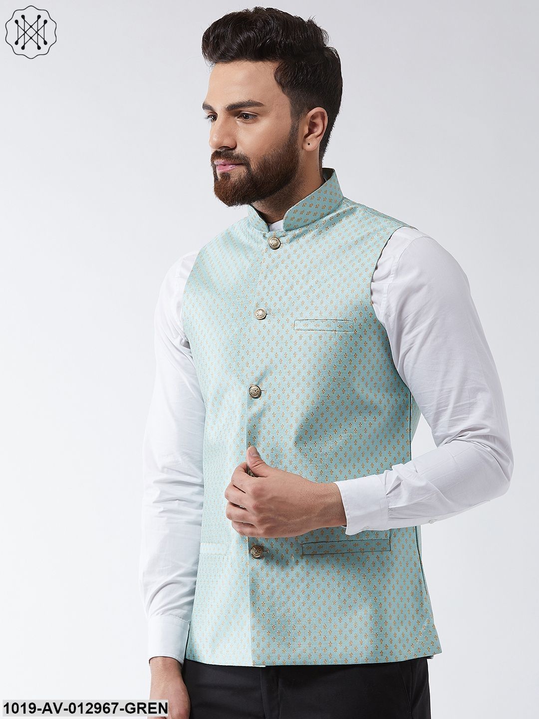 Men's Silk Blend Sea Green & Gold Self Design Nehru Jacket