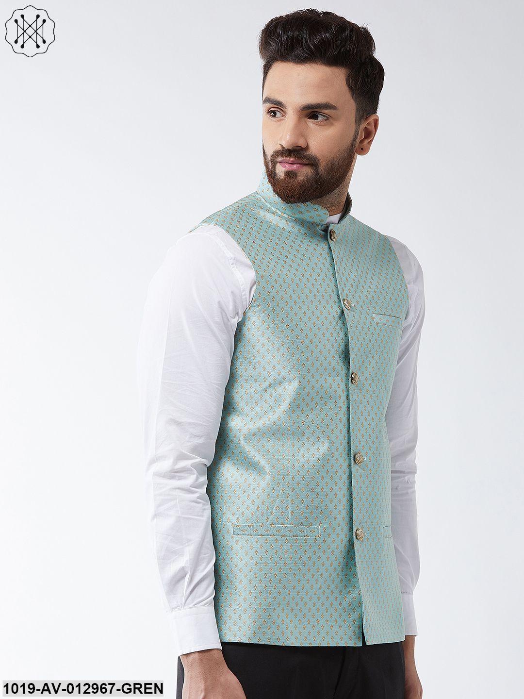 Men's Silk Blend Sea Green & Gold Self Design Nehru Jacket