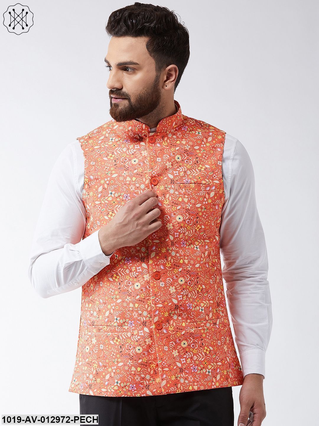 Men's Cotton Blend Dark Peach & Yellow Printed Nehru Jacket