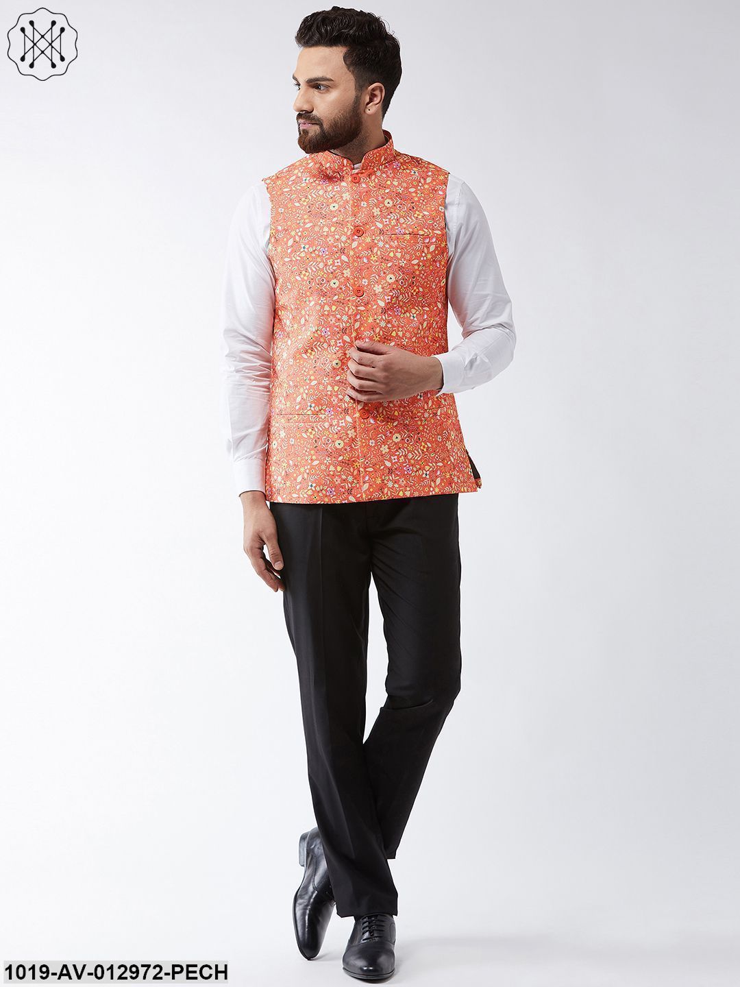 Men's Cotton Blend Dark Peach & Yellow Printed Nehru Jacket