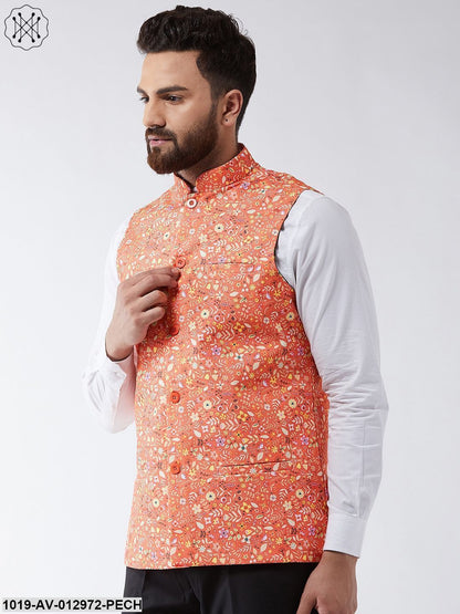 Men's Cotton Blend Dark Peach & Yellow Printed Nehru Jacket