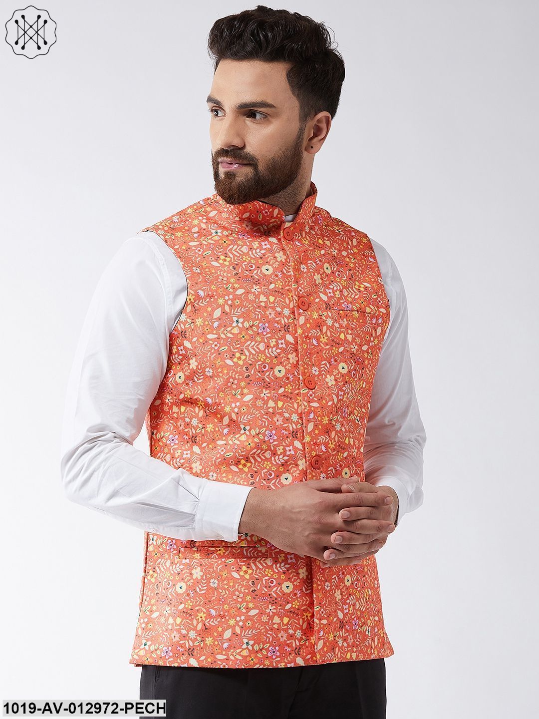 Men's Cotton Blend Dark Peach & Yellow Printed Nehru Jacket