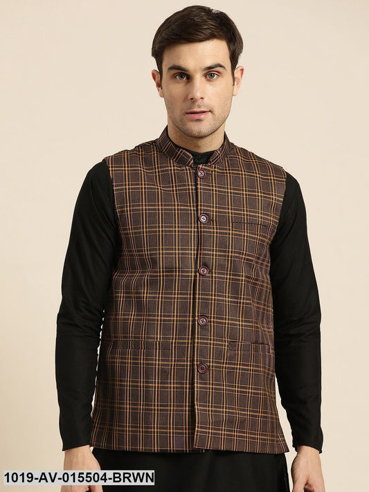 Men's Cotton Blend Dark Brown & Mustard Checked Nehru Jacket