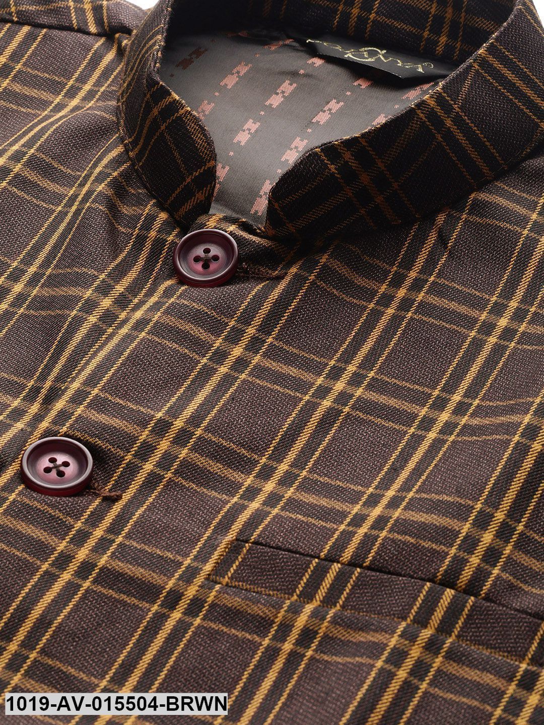 Men's Cotton Blend Dark Brown & Mustard Checked Nehru Jacket