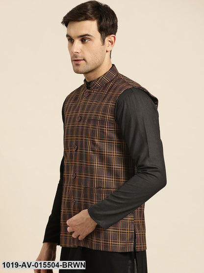 Men's Cotton Blend Dark Brown & Mustard Checked Nehru Jacket