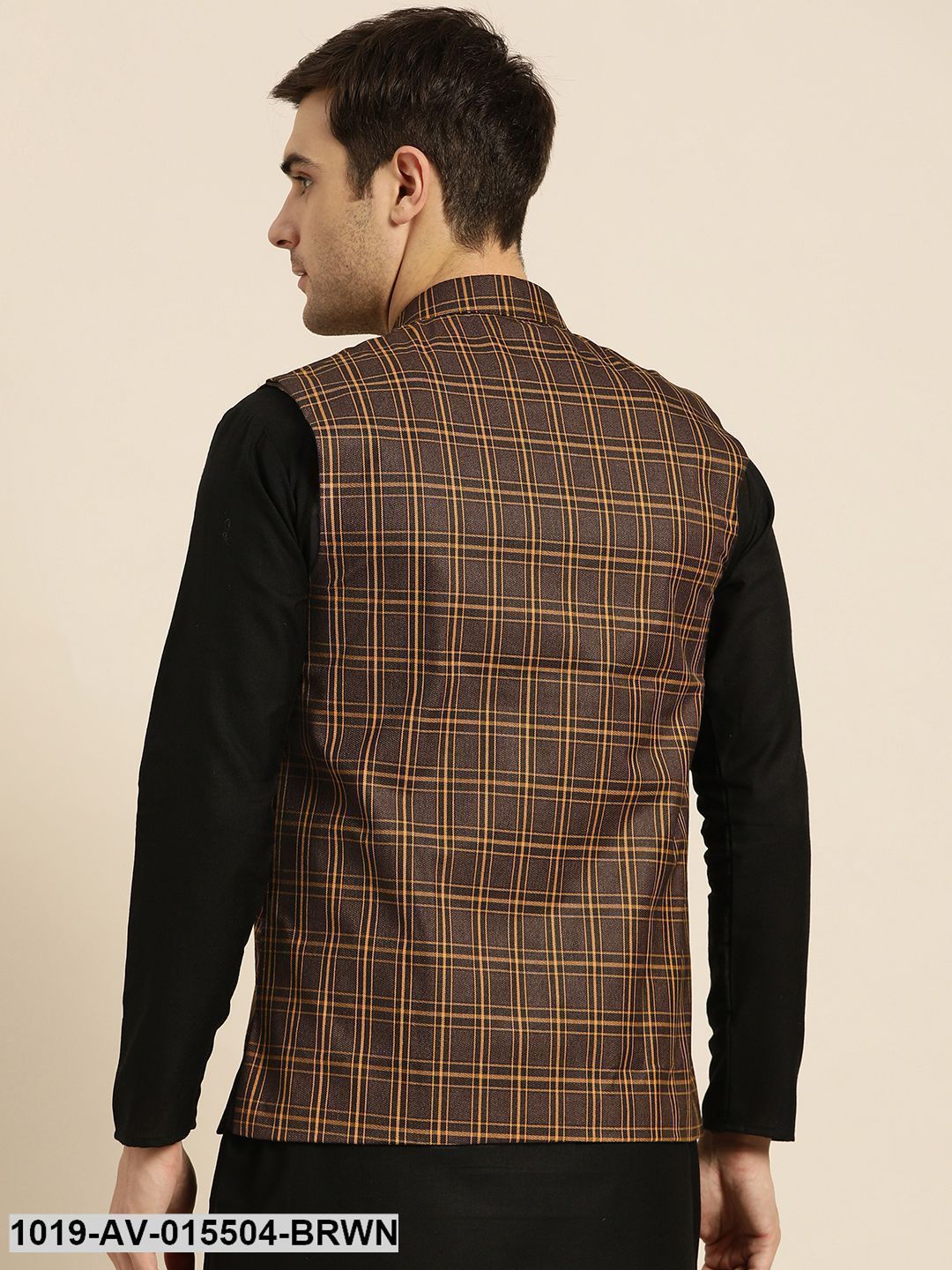 Men's Cotton Blend Dark Brown & Mustard Checked Nehru Jacket