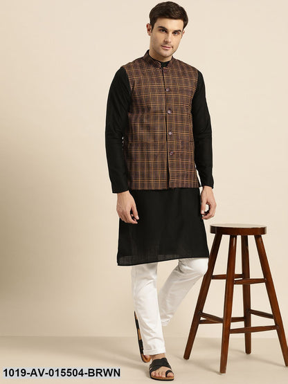 Men's Cotton Blend Dark Brown & Mustard Checked Nehru Jacket