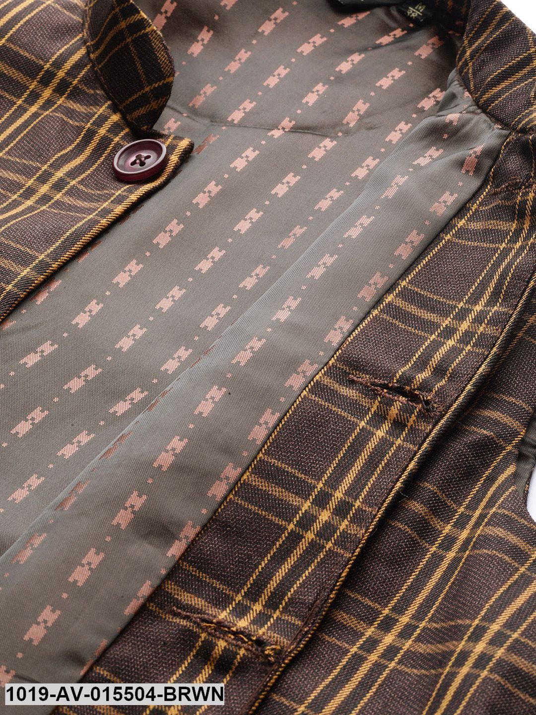 Men's Cotton Blend Dark Brown & Mustard Checked Nehru Jacket