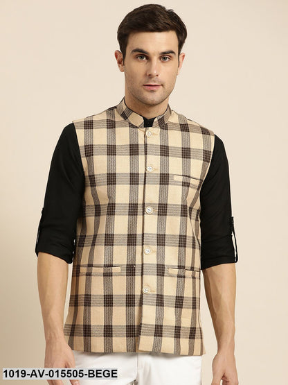 Men's Cotton Blend Beige & Brown Checked Nehru Jacket