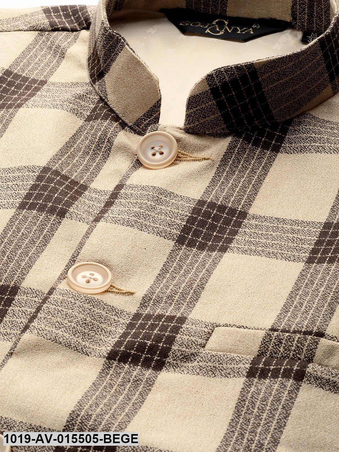 Men's Cotton Blend Beige & Brown Checked Nehru Jacket