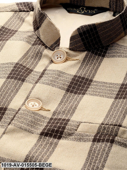 Men's Cotton Blend Beige & Brown Checked Nehru Jacket