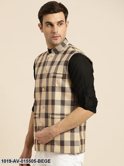 Men's Cotton Blend Beige & Brown Checked Nehru Jacket