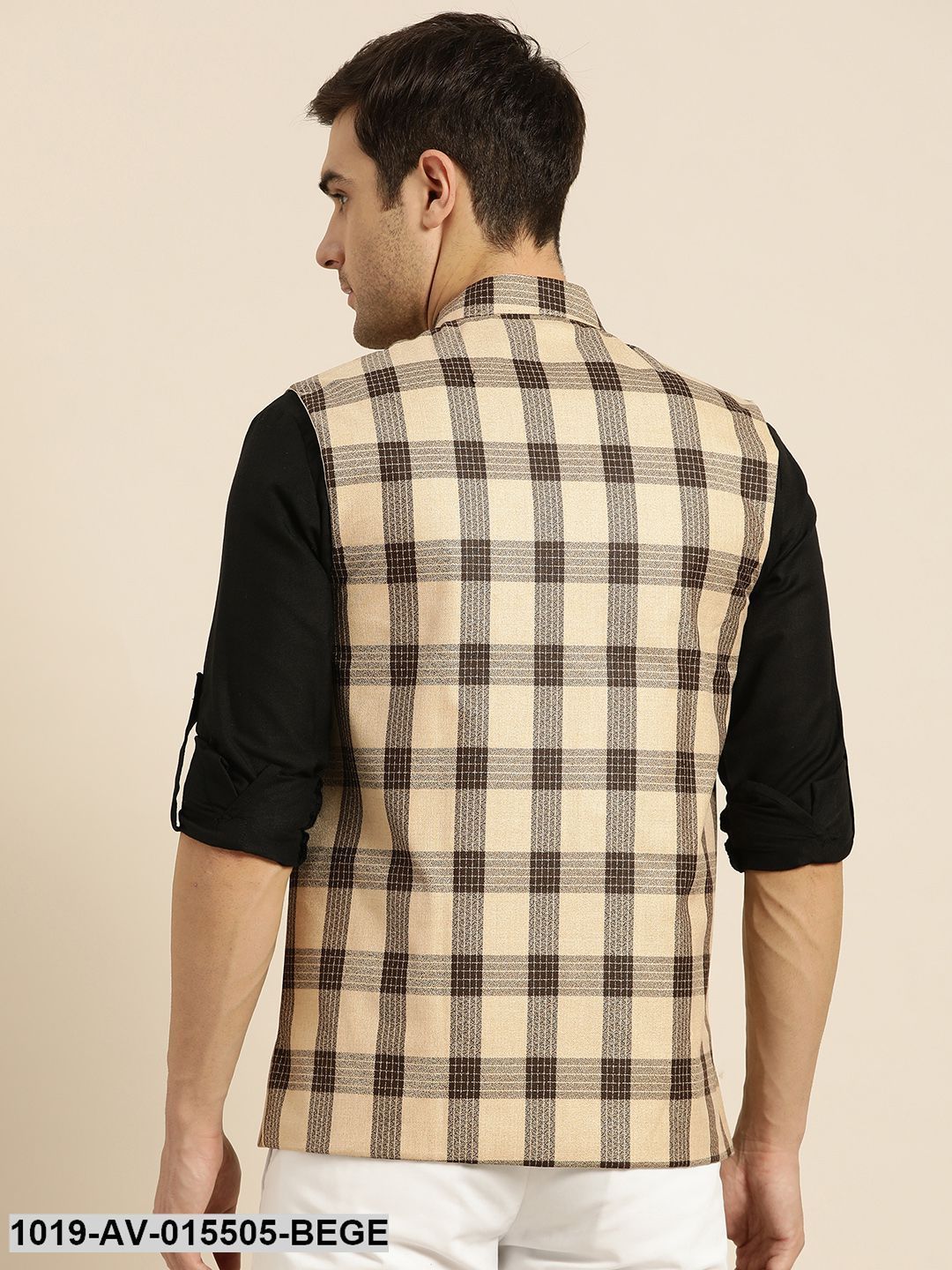 Men's Cotton Blend Beige & Brown Checked Nehru Jacket