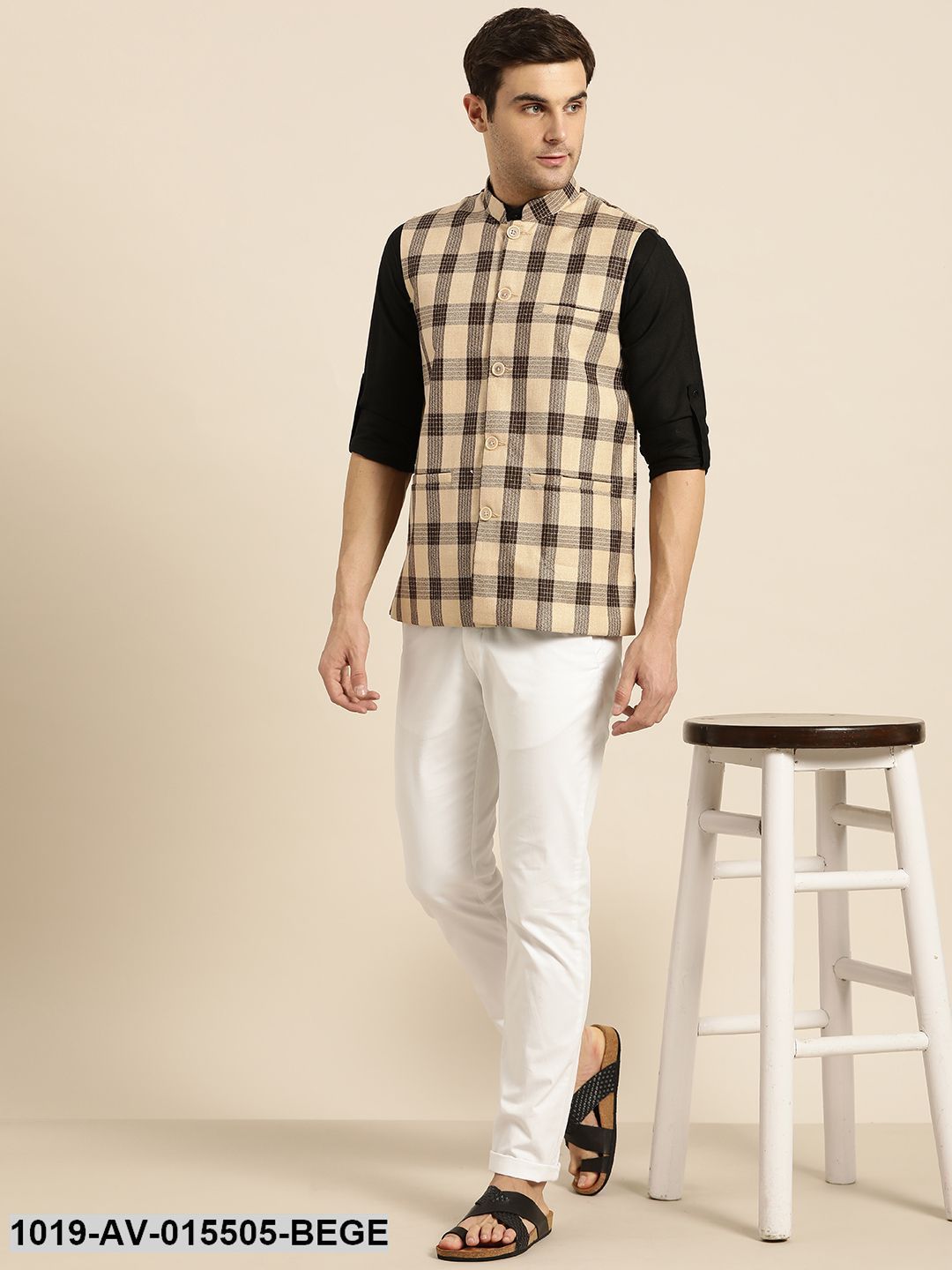 Men's Cotton Blend Beige & Brown Checked Nehru Jacket