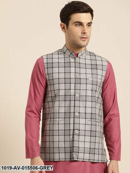 Men's Cotton Blend Grey & Black Checked Nehru Jacket