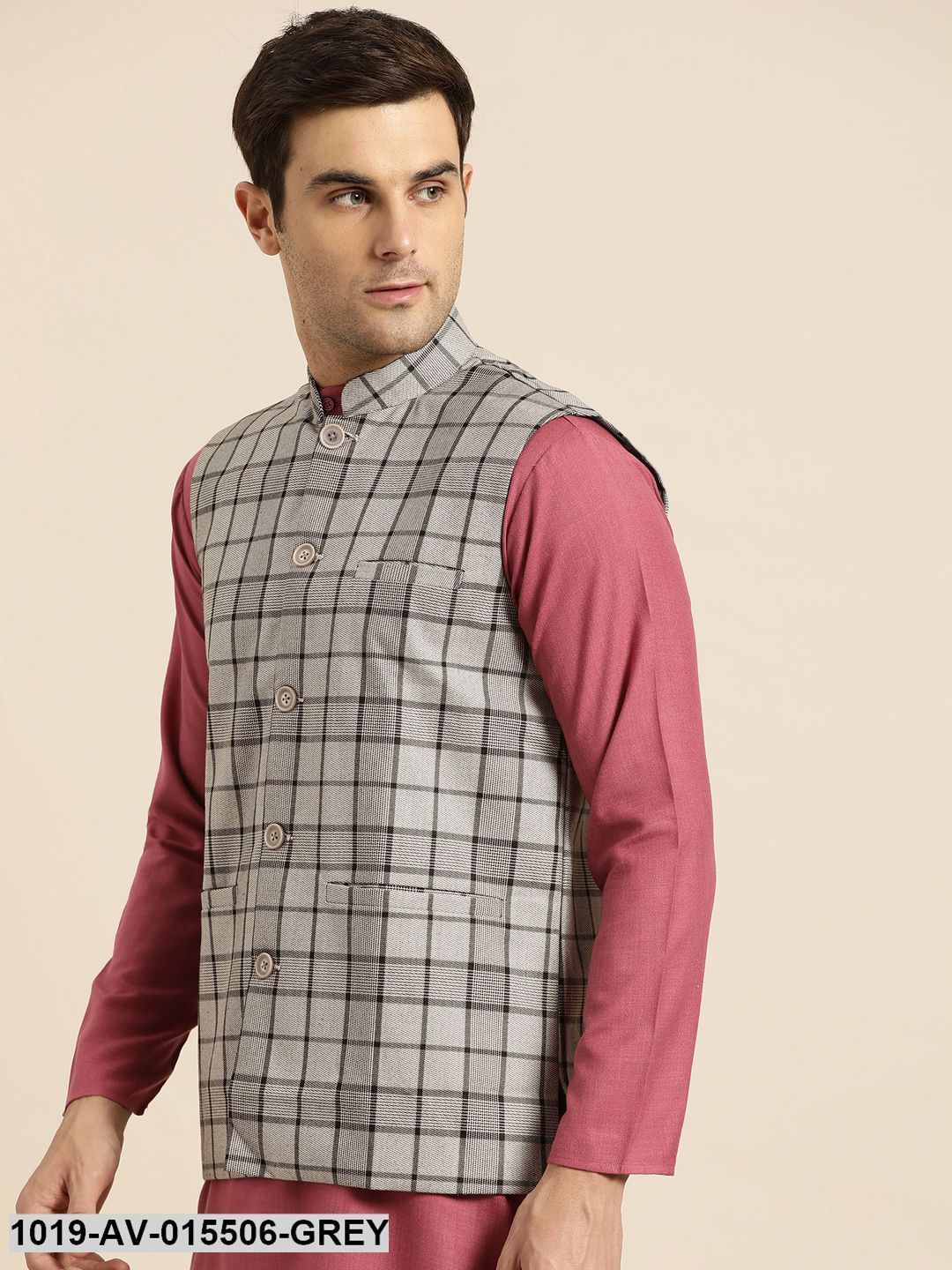 Men's Cotton Blend Grey & Black Checked Nehru Jacket