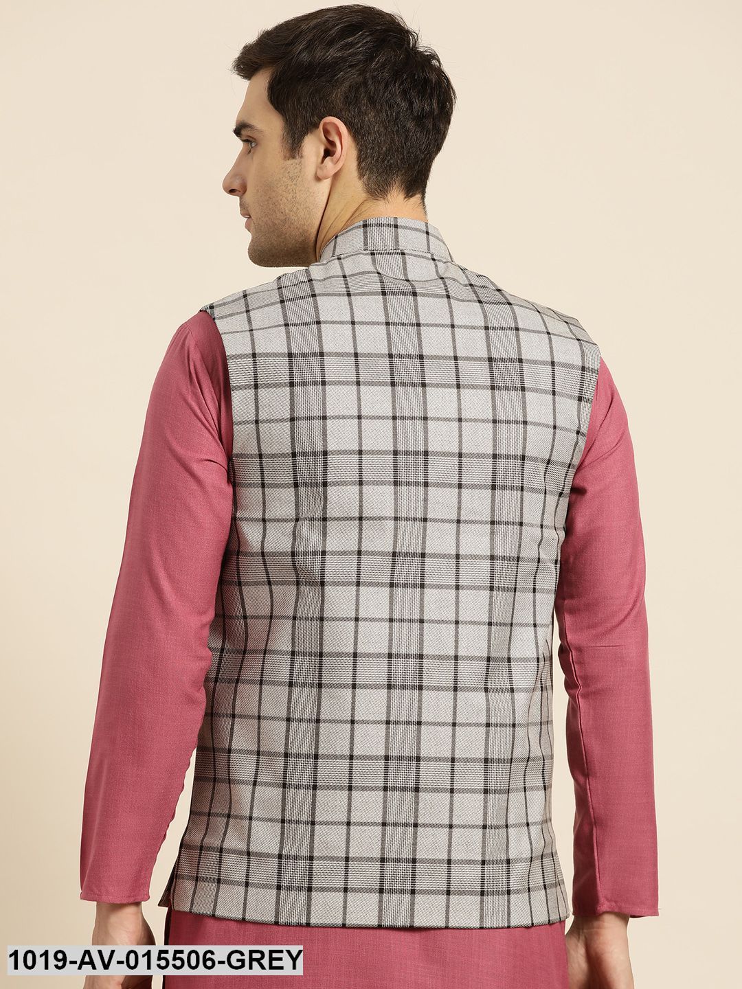 Men's Cotton Blend Grey & Black Checked Nehru Jacket