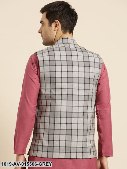 Men's Cotton Blend Grey & Black Checked Nehru Jacket