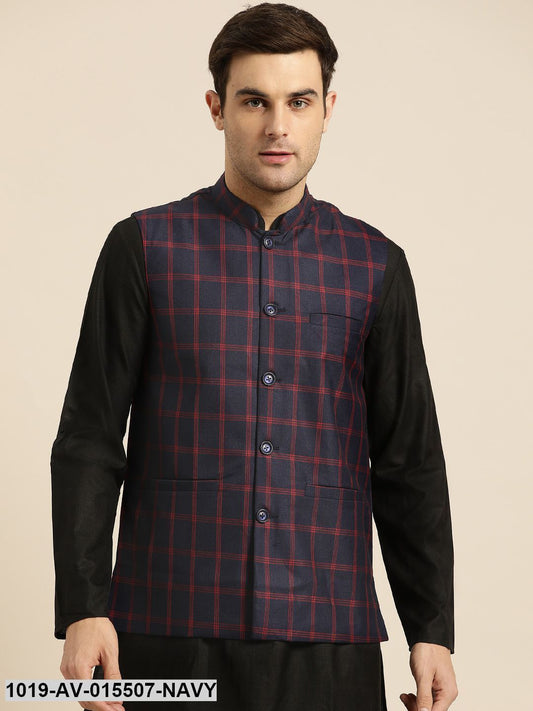 Men's Cotton Blend Navy Blue & Red Checked Nehru Jacket