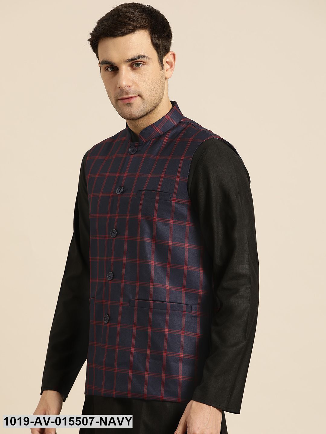 Men's Cotton Blend Navy Blue & Red Checked Nehru Jacket