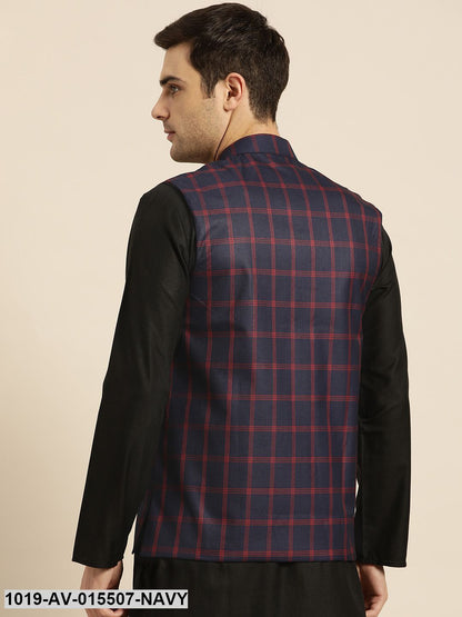 Men's Cotton Blend Navy Blue & Red Checked Nehru Jacket