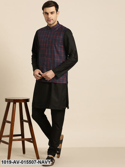 Men's Cotton Blend Navy Blue & Red Checked Nehru Jacket