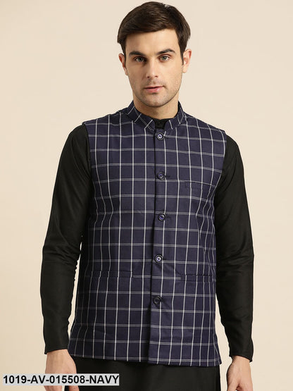 Men's Cotton Blend Navy Blue & White Checked Nehru Jacket