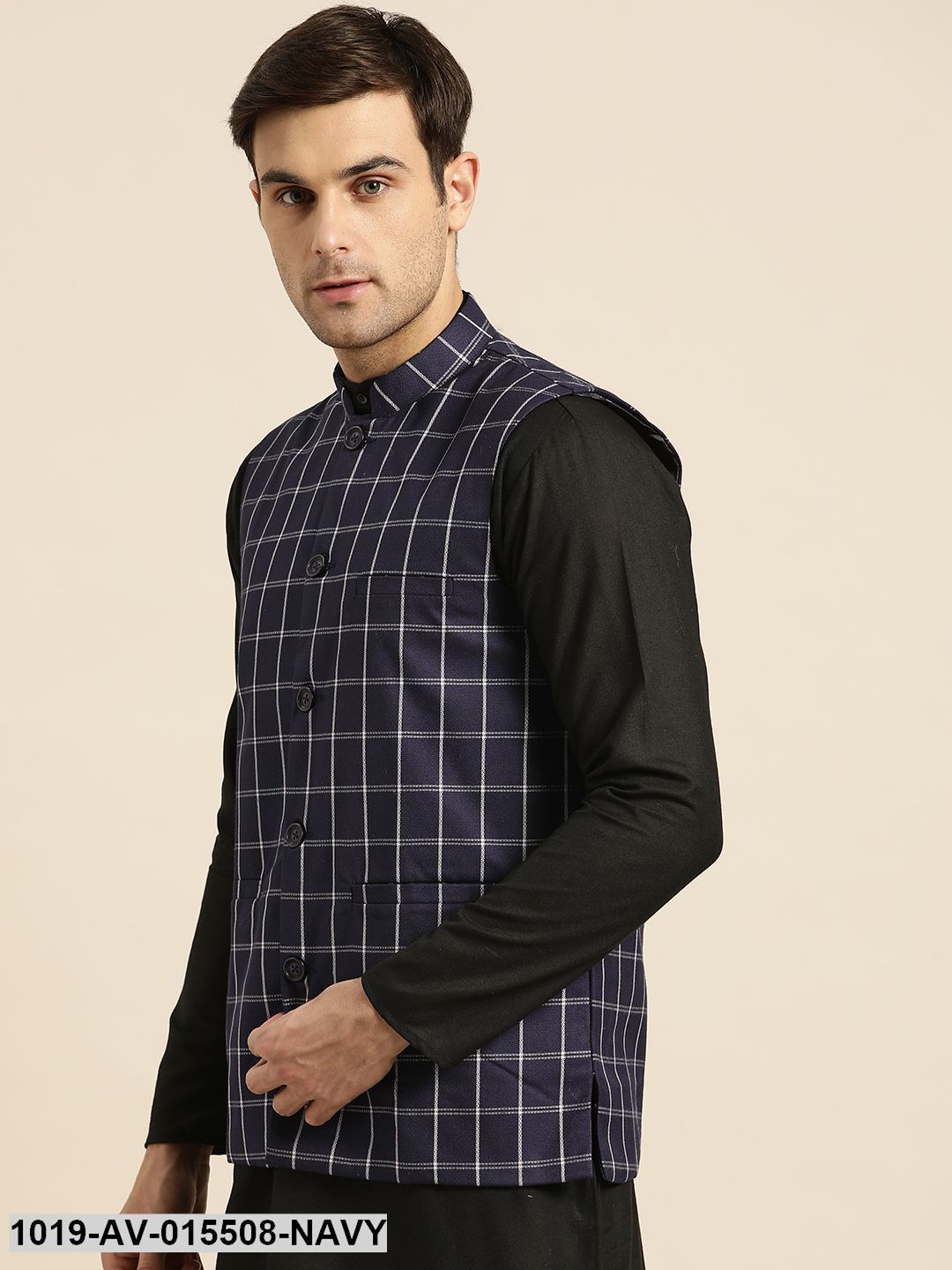 Men's Cotton Blend Navy Blue & White Checked Nehru Jacket