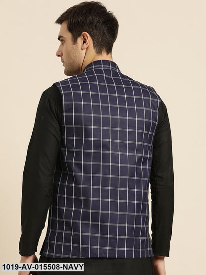 Men's Cotton Blend Navy Blue & White Checked Nehru Jacket