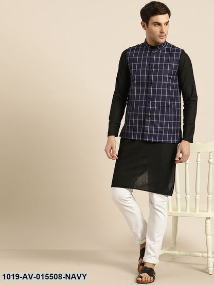 Men's Cotton Blend Navy Blue & White Checked Nehru Jacket