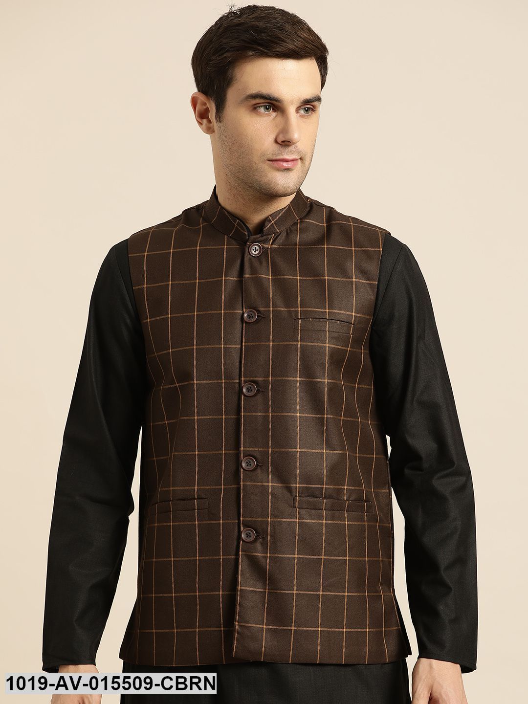 Men's Cotton Blend Coffee Brown & Mustard Checked Nehru Jacket