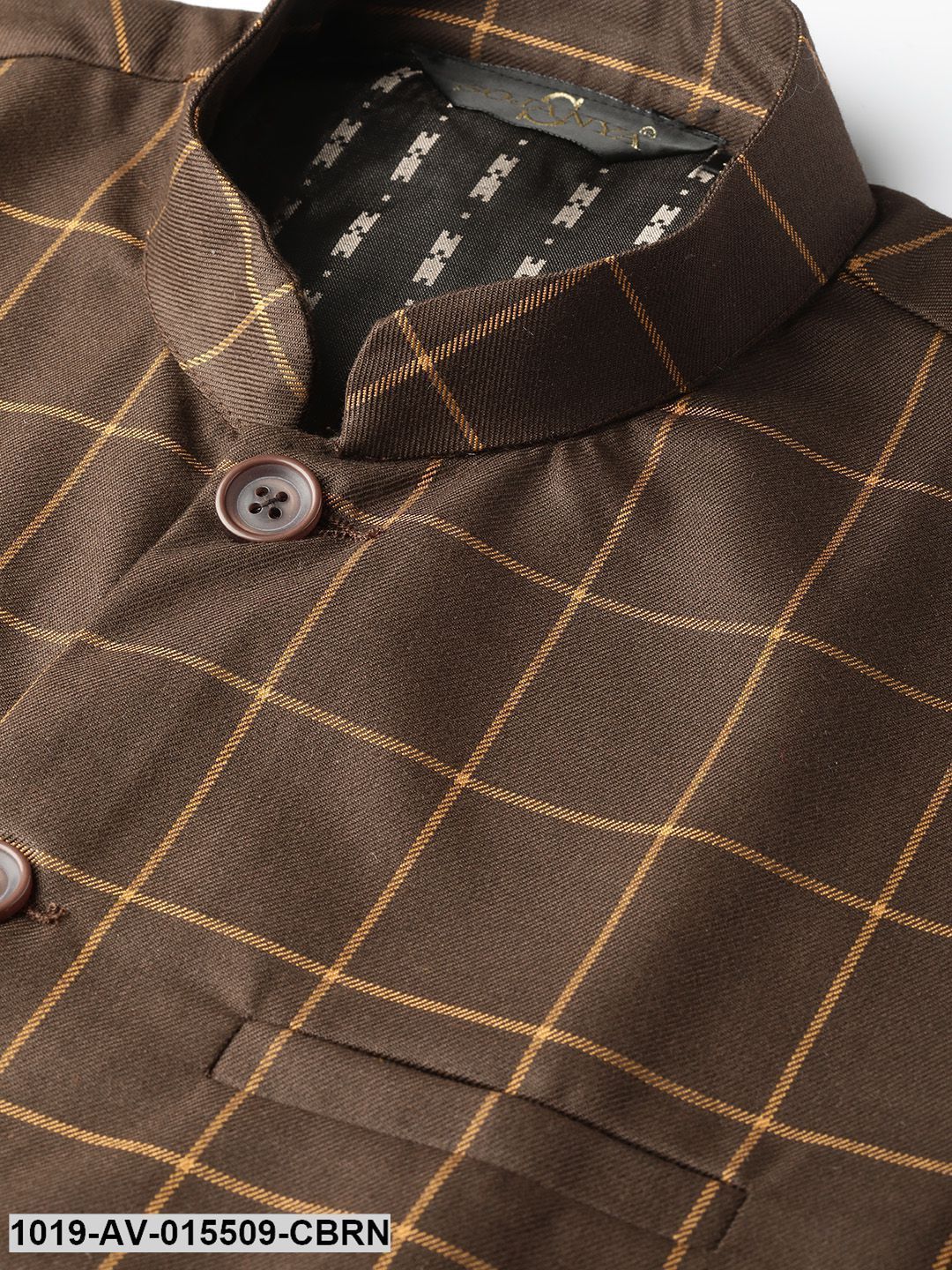 Men's Cotton Blend Coffee Brown & Mustard Checked Nehru Jacket