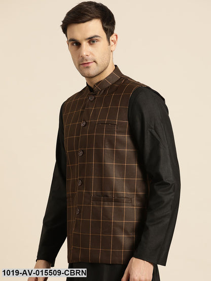 Men's Cotton Blend Coffee Brown & Mustard Checked Nehru Jacket