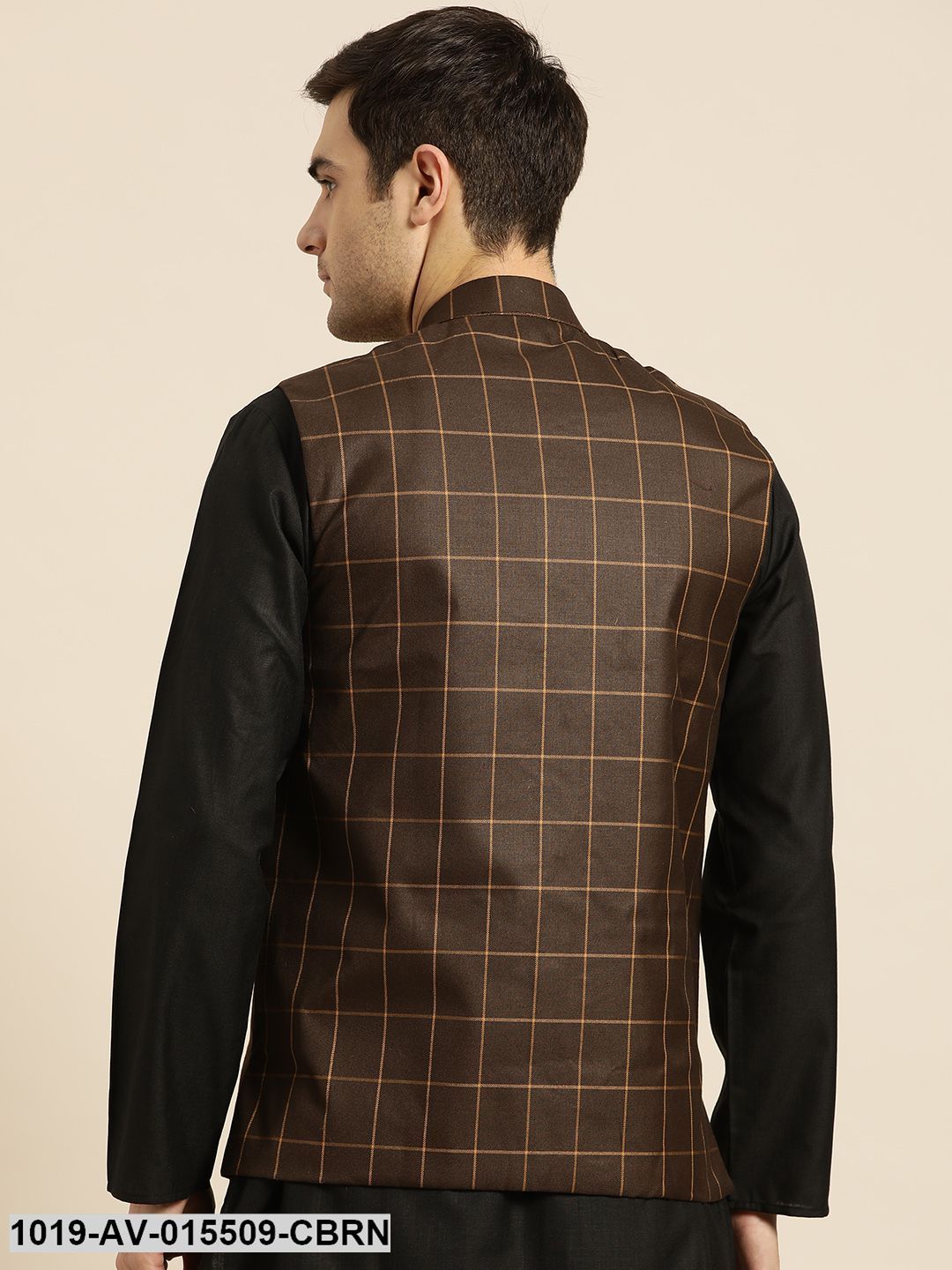 Men's Cotton Blend Coffee Brown & Mustard Checked Nehru Jacket