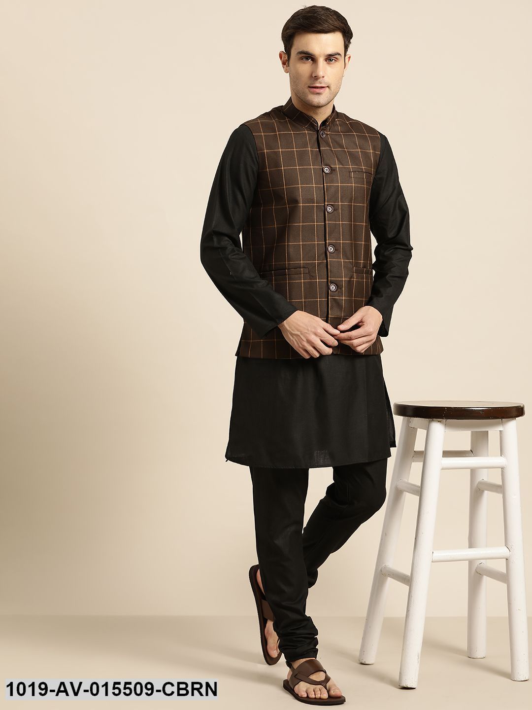 Men's Cotton Blend Coffee Brown & Mustard Checked Nehru Jacket