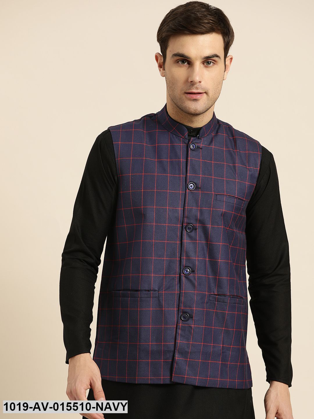 Men's Cotton Blend Navy Blue & Red Checked Nehru Jacket