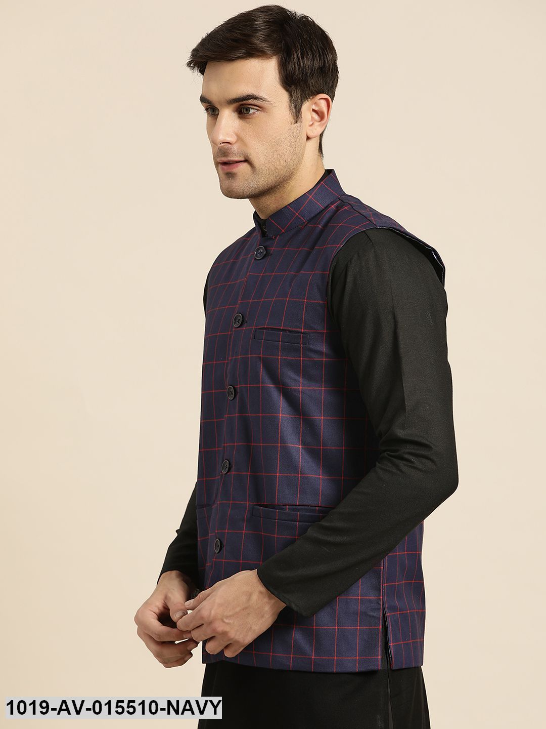 Men's Cotton Blend Navy Blue & Red Checked Nehru Jacket