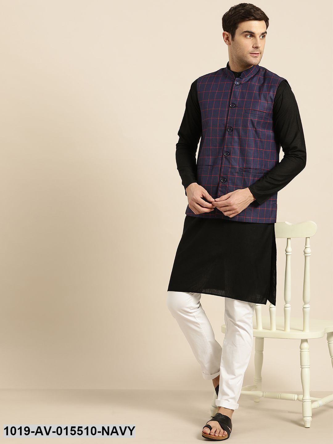 Men's Cotton Blend Navy Blue & Red Checked Nehru Jacket