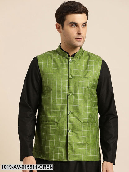 Men's Cotton Blend Green & Off White Checked Nehru Jacket