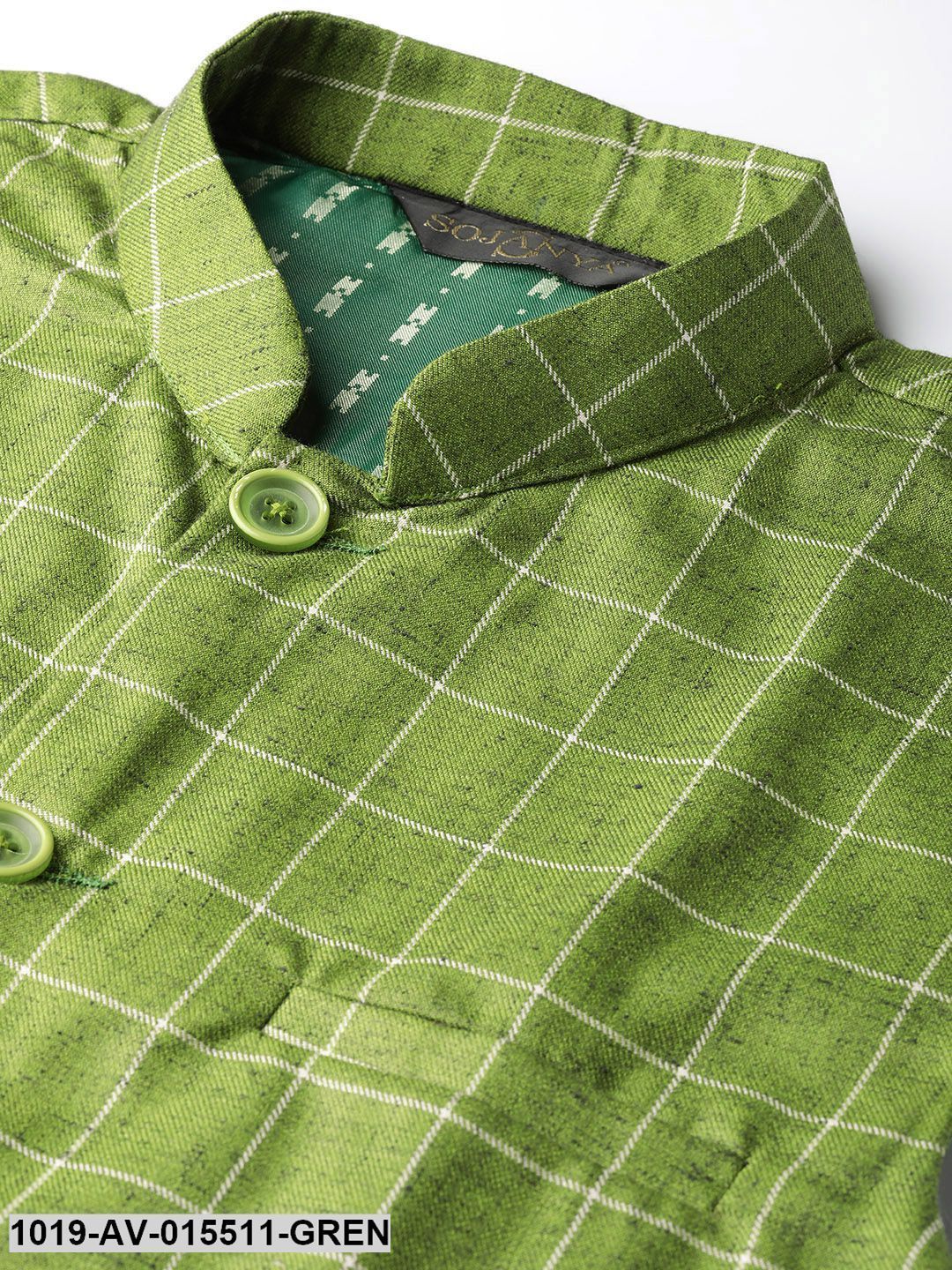 Men's Cotton Blend Green & Off White Checked Nehru Jacket