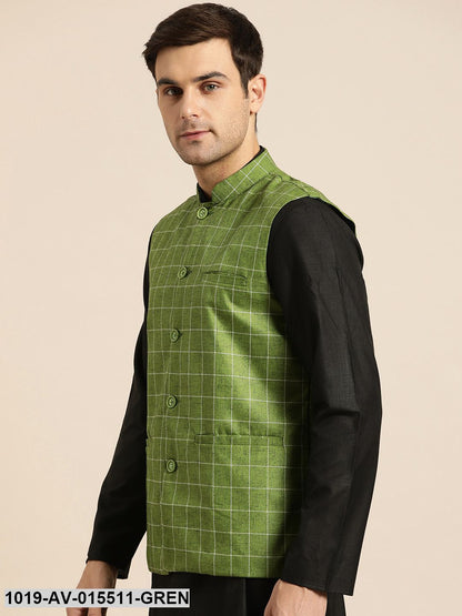 Men's Cotton Blend Green & Off White Checked Nehru Jacket