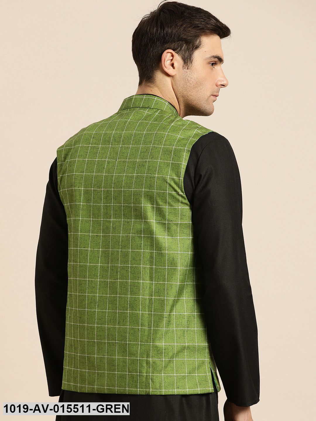 Men's Cotton Blend Green & Off White Checked Nehru Jacket