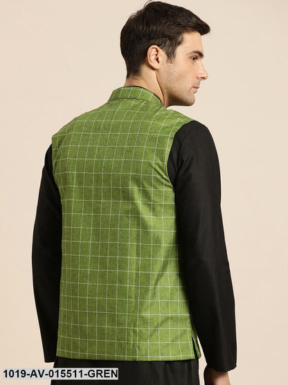 Men's Cotton Blend Green & Off White Checked Nehru Jacket