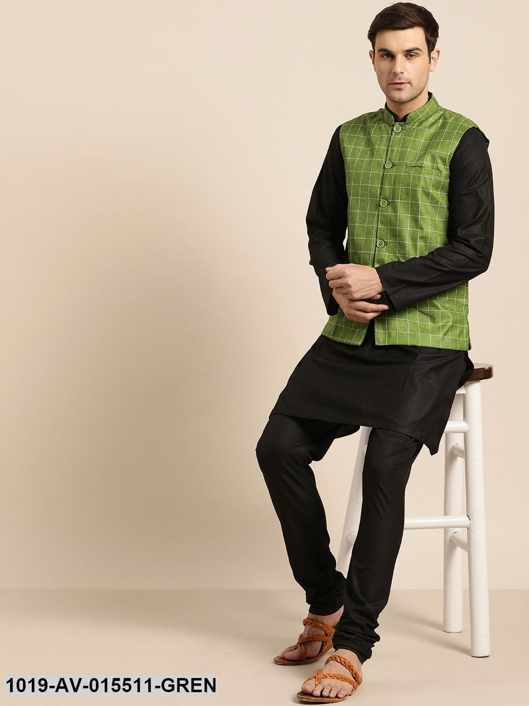 Men's Cotton Blend Green & Off White Checked Nehru Jacket