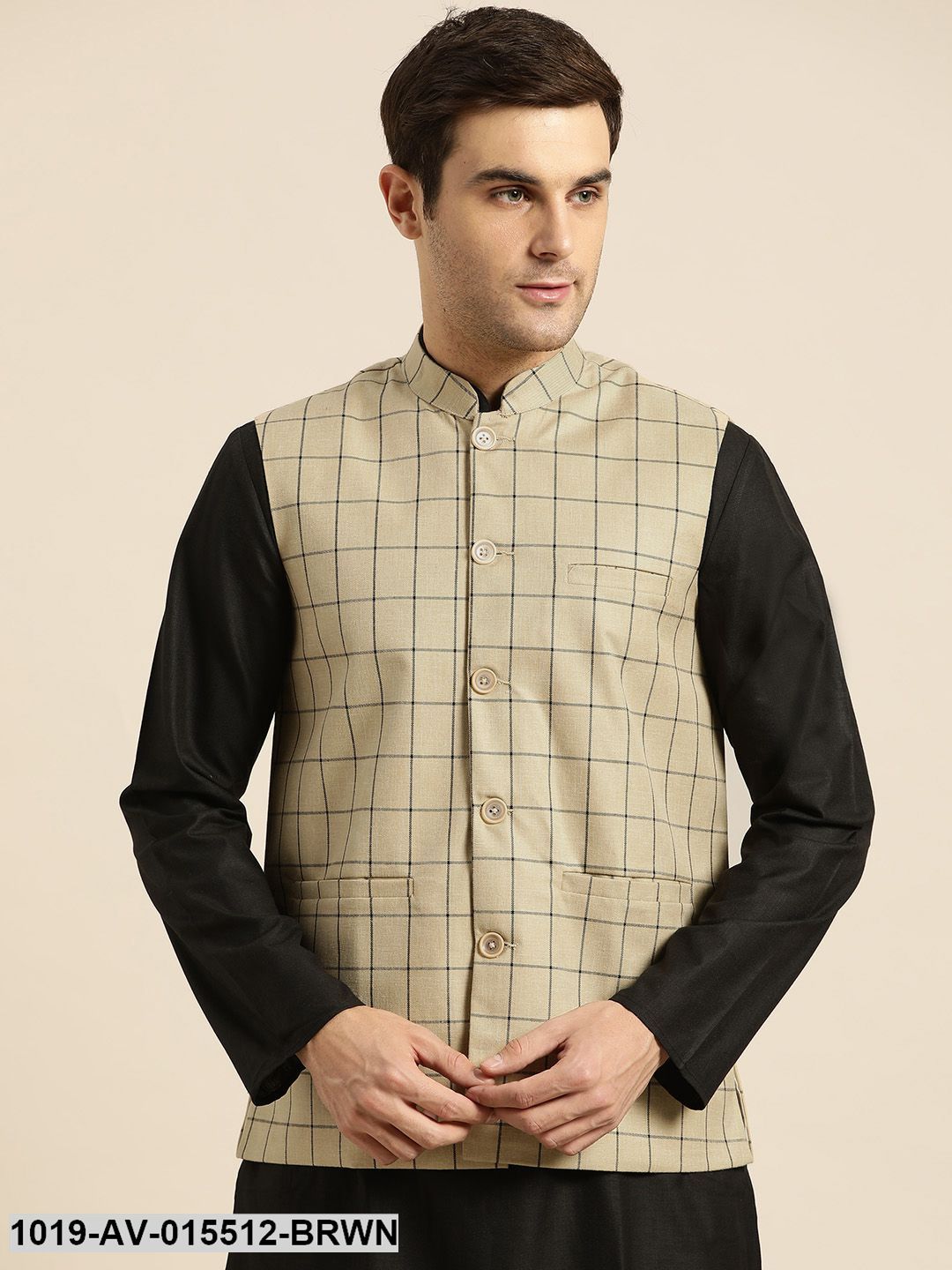 Men's Cotton Blend Light Brown & Black Checked Nehru Jacket